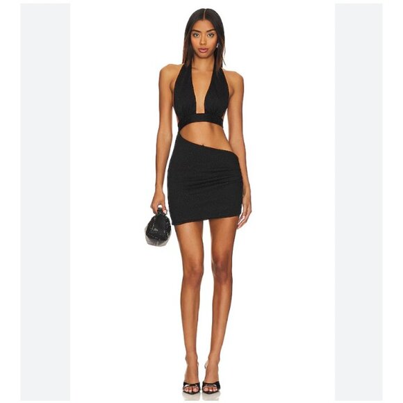 superdown Domonique Halter Mini Dress Womens Small Black Ruched Wrap Tie Cutout - Picture 1 of 3